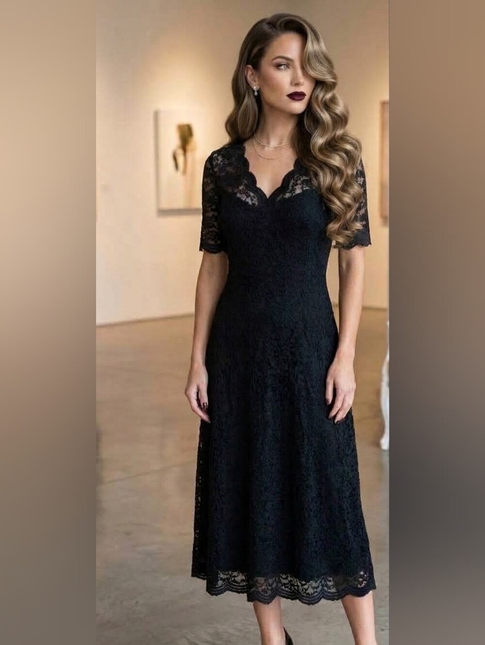 Black Lace Midi Dress Floral Scalloped V-Neck Short Sleeve Tagged Size X XL